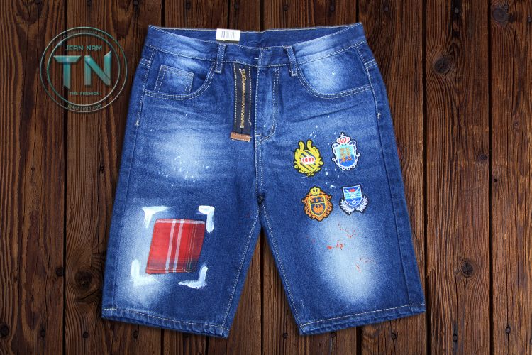 quần short jeans nam logo phối dây kéo