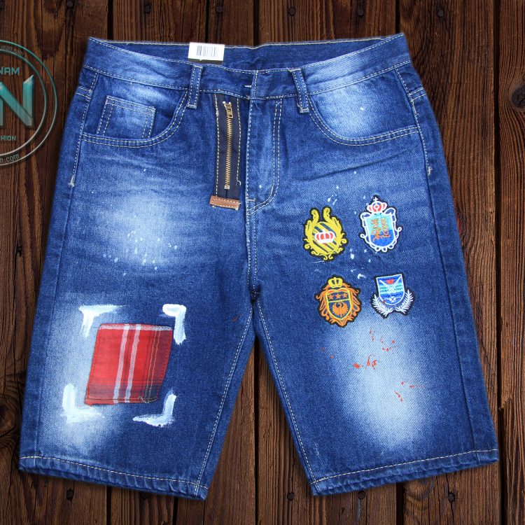 quần short jeans nam logo phối dây kéo